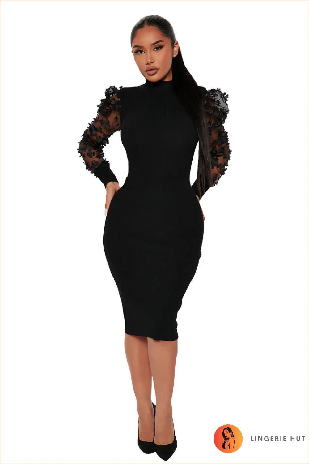 Bodycon Midi Dress with Mesh Floral Sleeves - Understated Glamour - s / Black - Dresses - Autumn • Bodycon Midi Dress