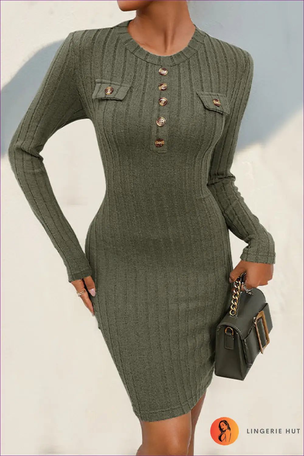 Bodycon Mini Dress with Ribbed Texture - Effortless Autumn Edit - Dresses - All Season • Autumn • Button Front • Casual