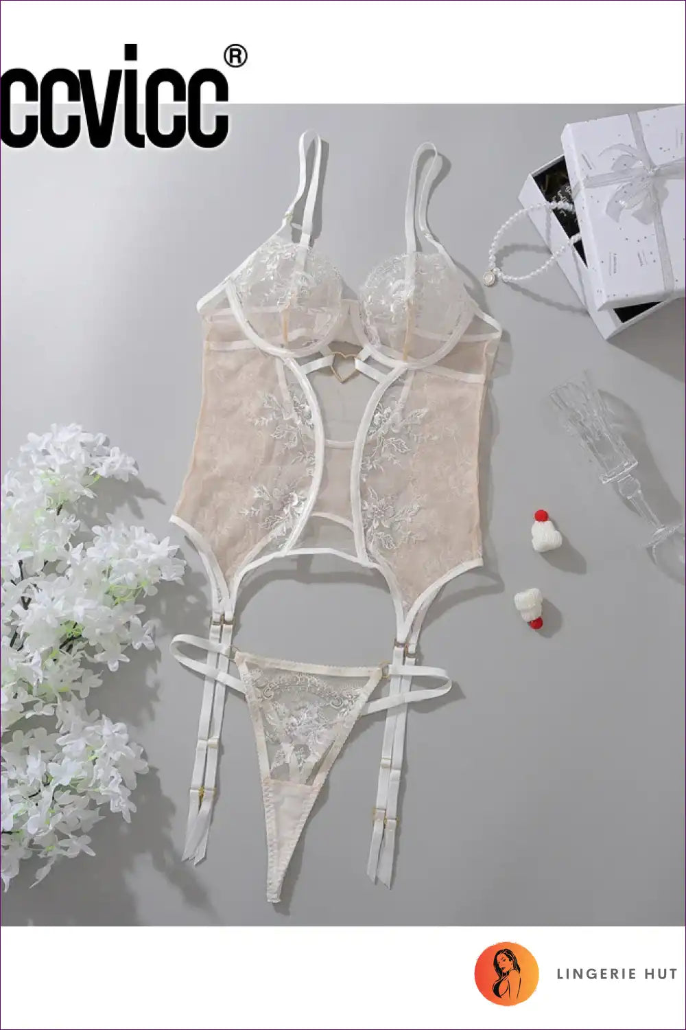 Bodysuit with Embroidered Floral Lace - Transparent Romantic Lingerie for Bodysuit, Boudoir, Date Night,