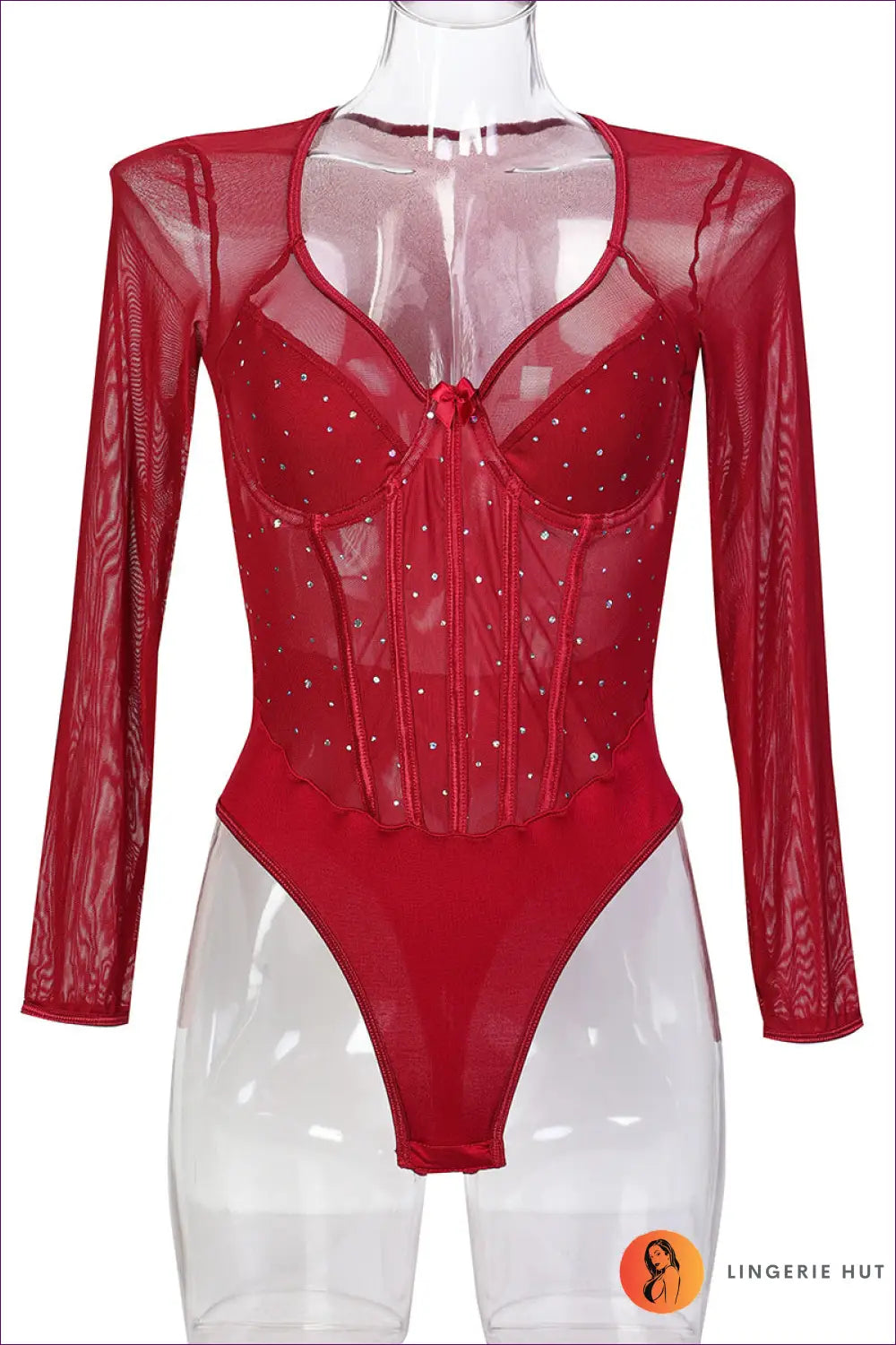 Rhinestone Mesh Bodysuit with Corset Detail - Night out Glam - s / Burgundy - Lingerie Hut - All Season • Boudoir