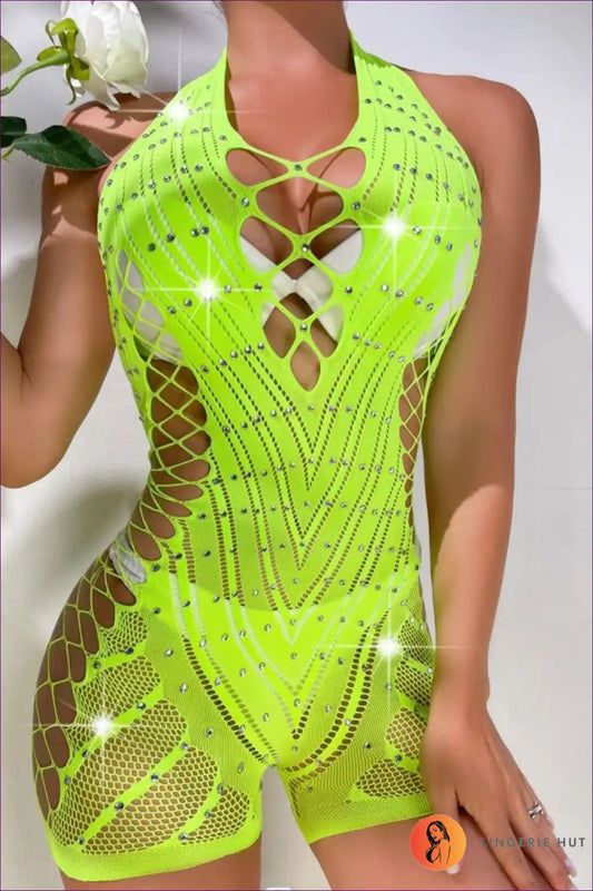 Bodysuit with Rhinestone Details - Nightlife Glamour for All Season, Bodysuit, Clubwear, Cutout, Fishnet