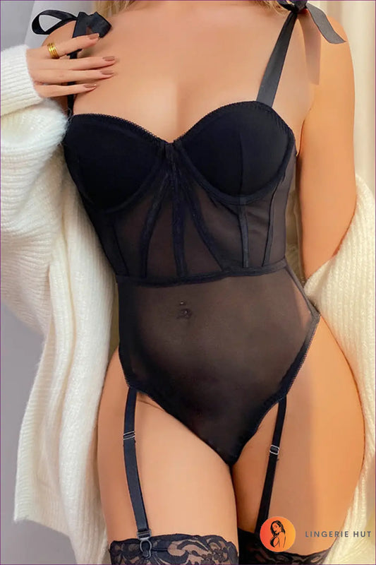 Bodysuit with Sheer Mesh Panels - Architectural Edge - l / Black - Lingerie Hut - All Season • Backless • Boudoir