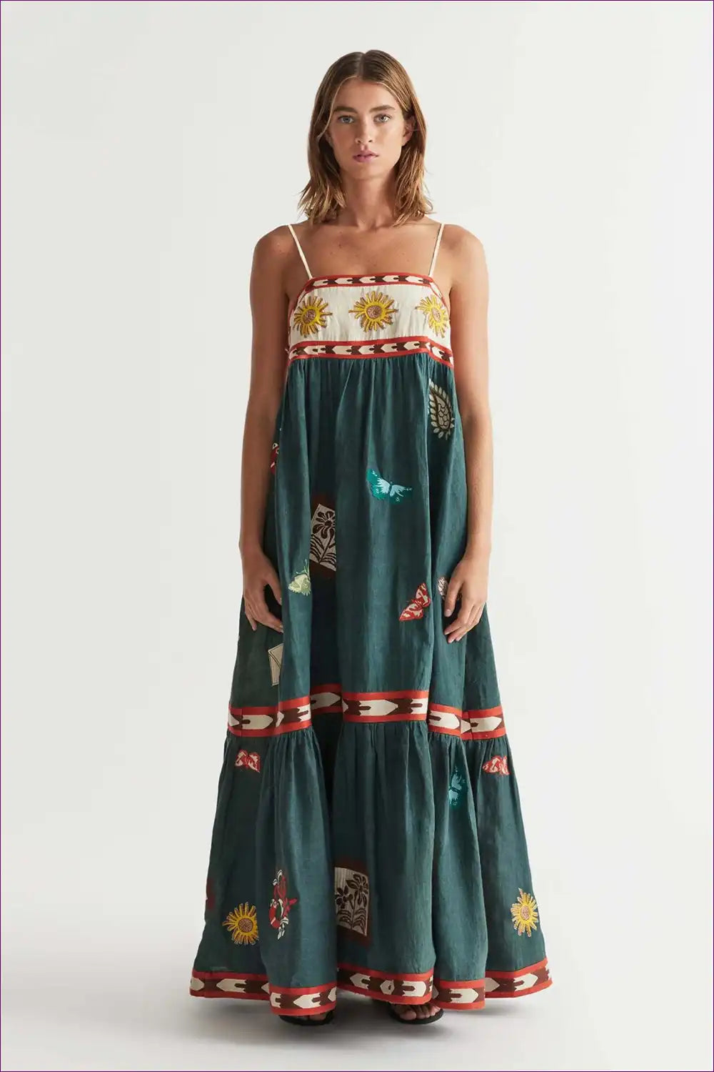 Bohemian Butterfly Maxi Dress - Teal Forest Fantasy for a Line, Boho, Casual, Cotton,