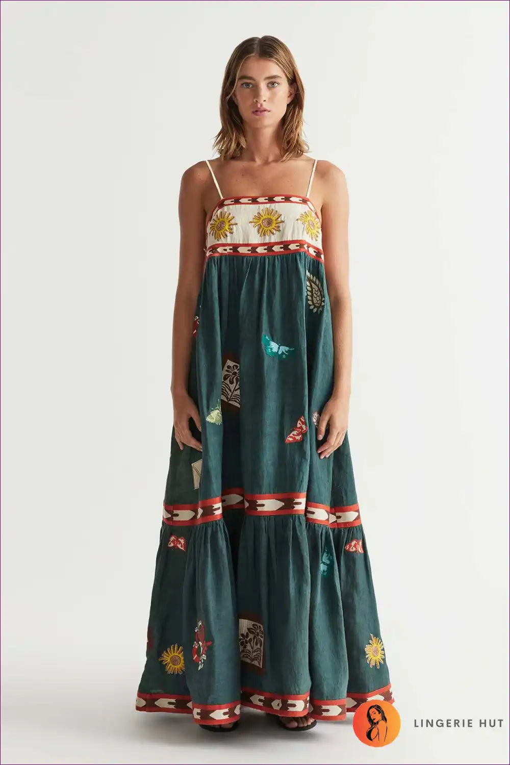 Bohemian Butterfly Maxi Dress - Teal Forest Fantasy for a Line, Boho, Casual, Cotton,