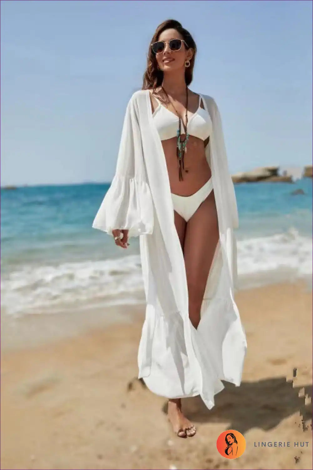 Elevate Your Vacation Style With Our Boho-chic Chiffon Bell Sleeve Cardigan. Complete Beach Look For Stylish