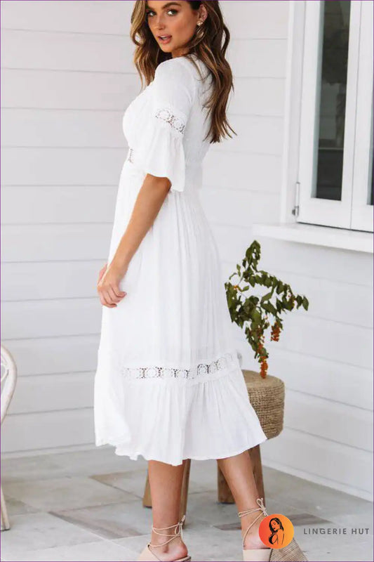 Boho Lace-trim Midi Dress - Deep v and Tiered Skirt for A-line, Boho, Bridal, Crochet,
