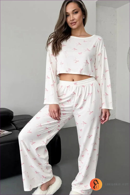 Bow Print Pyjama Set with Crop Top - Effortless At-home Style - Lingerie Hut - All Season • Casual • Everyday