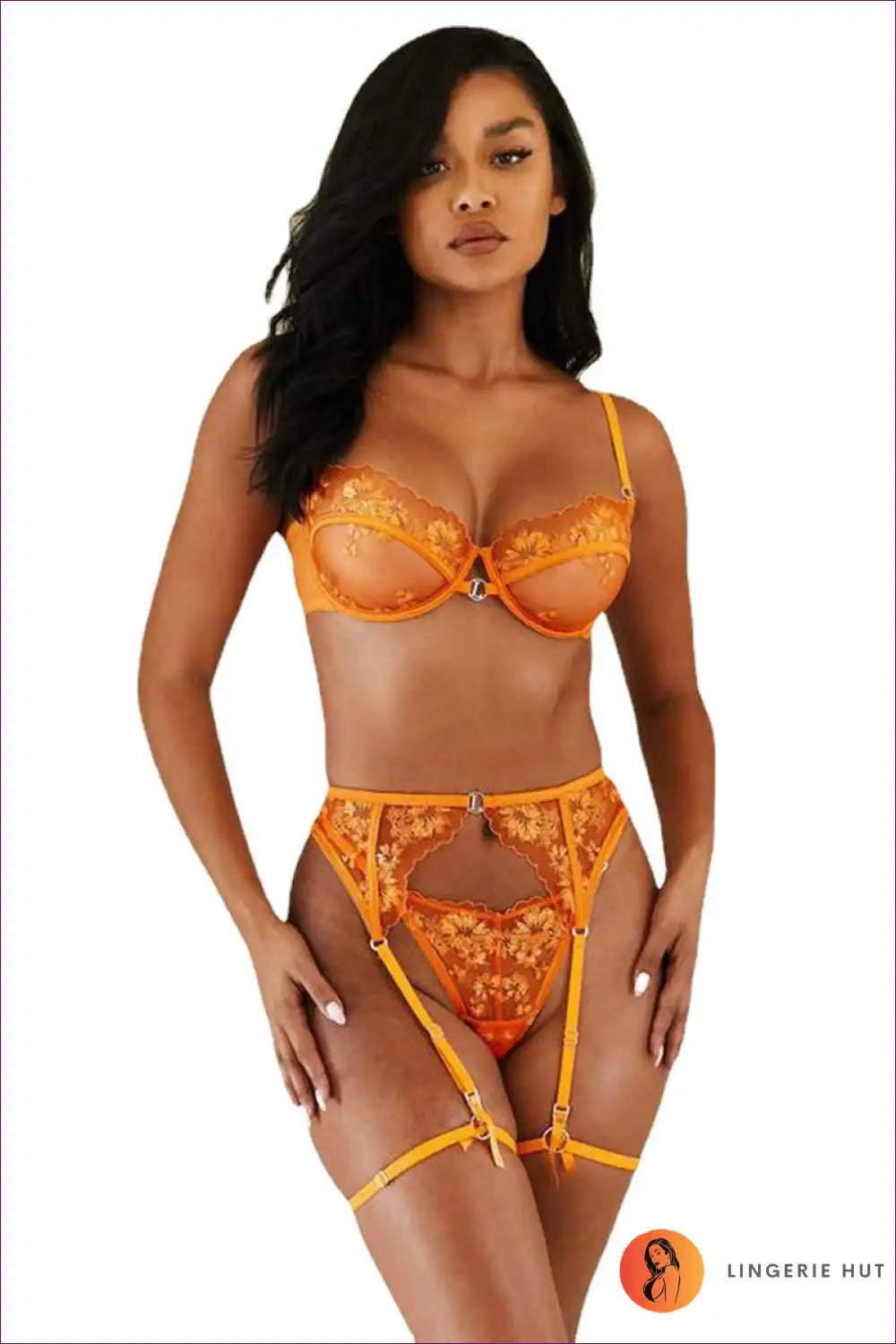 Bra Set with Floral Embroidery - Sunset Hour Elegance for Boudoir, Set, Date Night, Evening Wear, Everyday