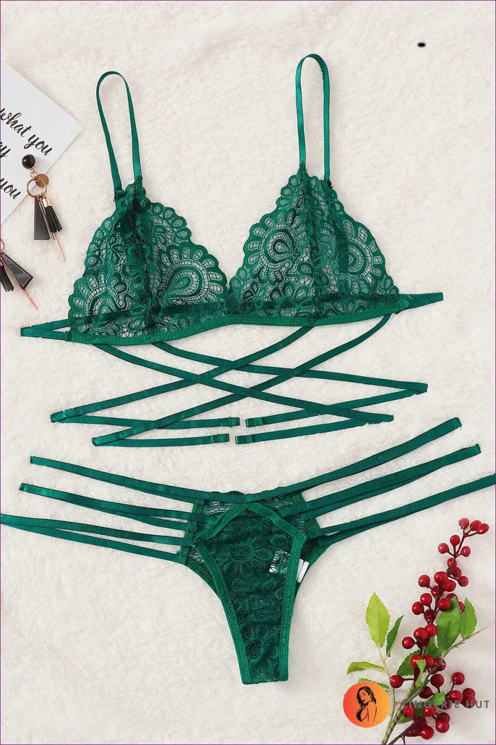 Bra Set with Floral Lace Detailing - Sultry Confidence - s / Green - Lingerie - Hut - Chemise • co Ord • Garter