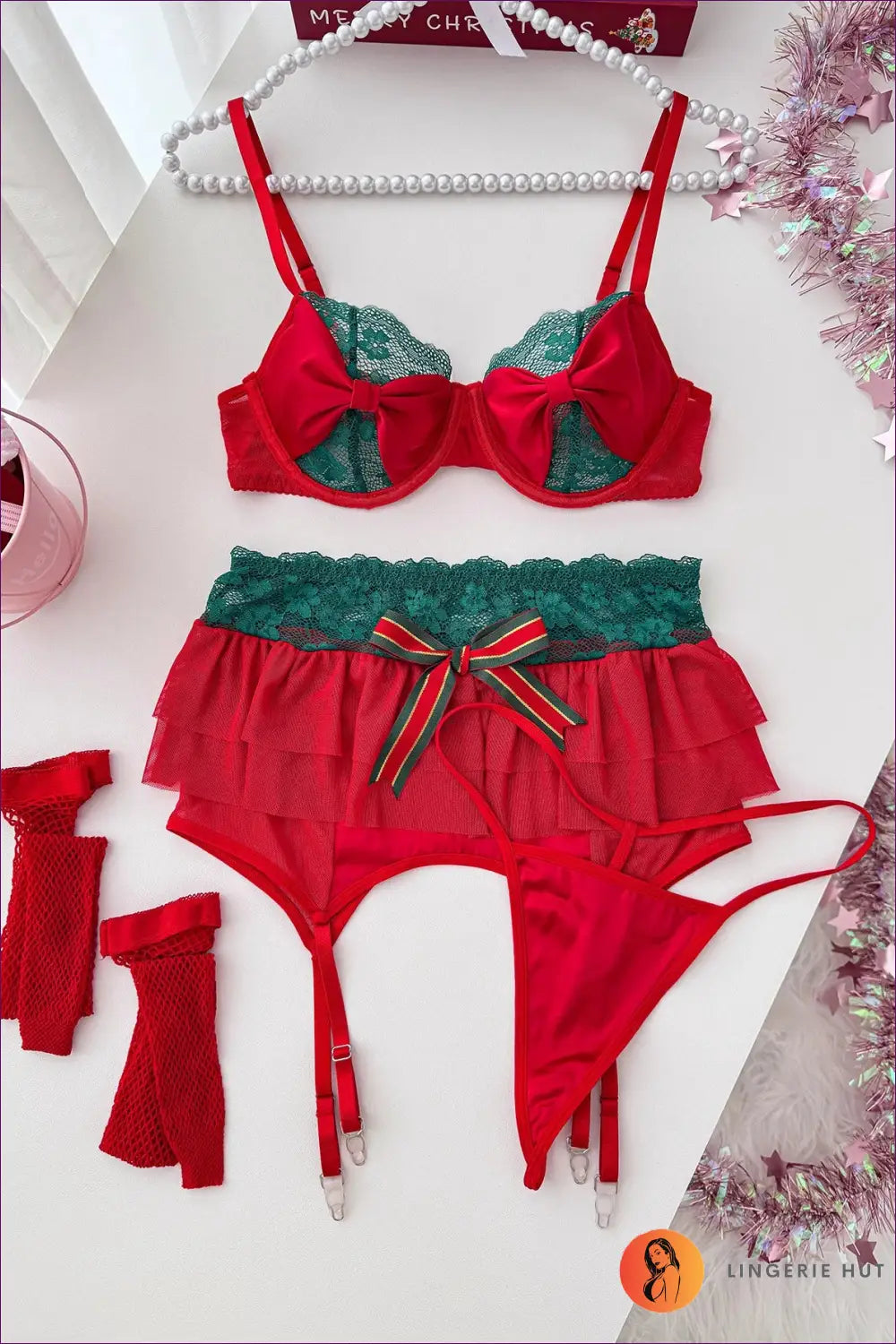 Bra Set with Ruffle Skirt and Lace - Festive Party Energy - Lingerie Hut - All Season • Boudoir • Garter • Honeymoon