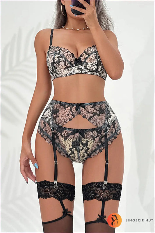 Strappy Bra Set with Mesh Cutouts - Bold but Wearable - s / Black - Lingerie Hut - All Season • Boudoir • Cutout • Date