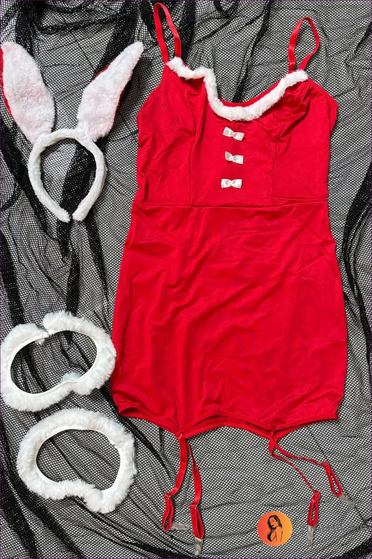 Bunny Costume with Faux Fur Trim - Winter Party Edition - s / Red - Babydoll - Lingerie Hut - Garter • Mini