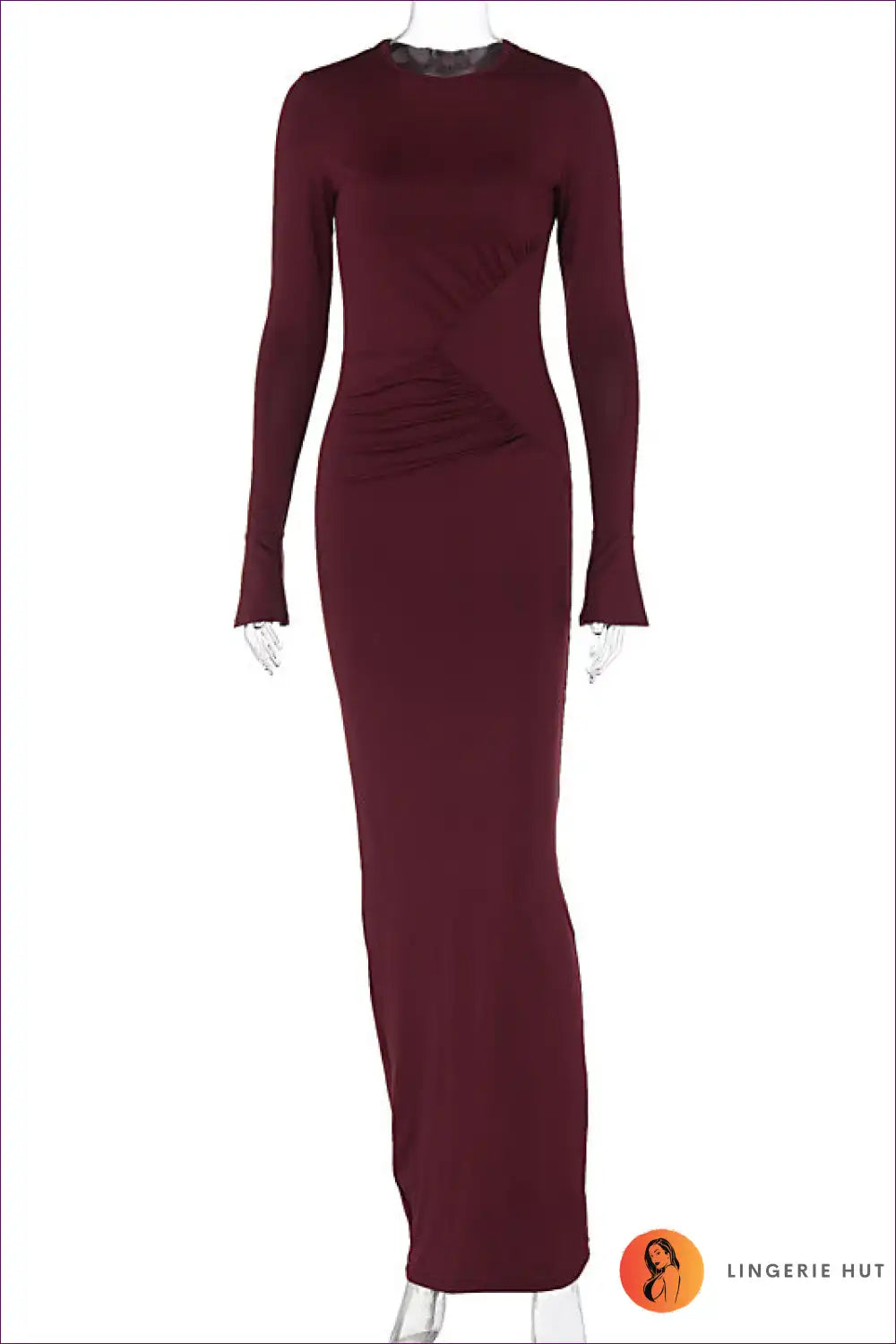 Burgundy Ruched Long Sleeve Dress - Timeless Sophistication For Autumn, Bodycon, Date Night, Dress, Glamour