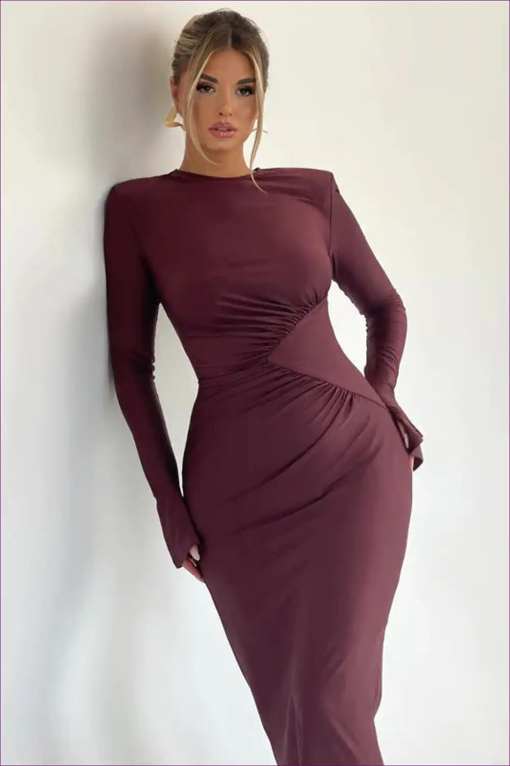 Burgundy Ruched Long Sleeve Dress - Timeless Sophistication For Autumn, Bodycon, Date Night, Dress, Glamour