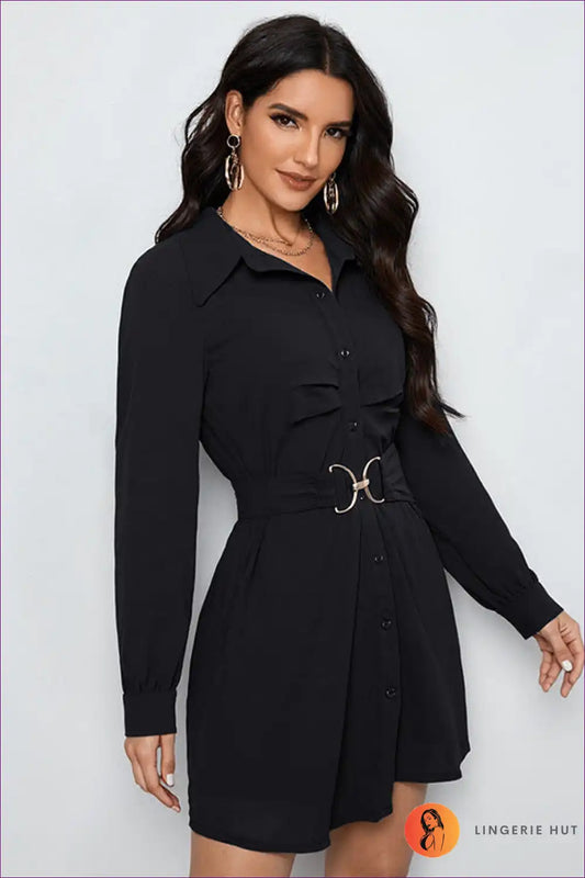 Button-front Shirt Dress with Belt Detail for All Season, Autumn, Casual, Everyday, Formal Wear