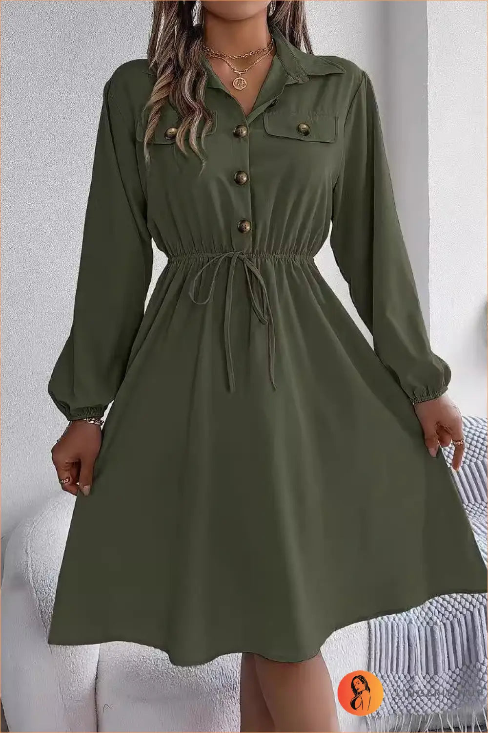 Button-up Drawstring Midi Dress - Effortless Everyday Style - s / Green - Dresses - A-line • All Season • Autumn