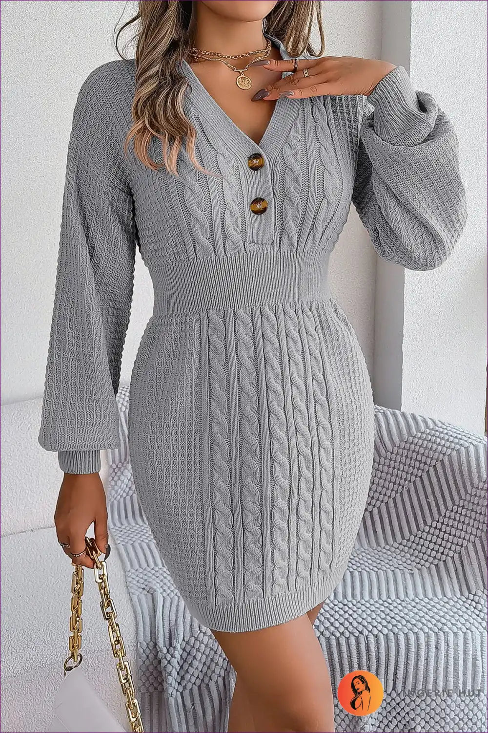 Elevate Your Fall/winter Style With Lingerie Hut’s Button V-neck, Twist Lantern Sleeve, Sweater Dress. Regular