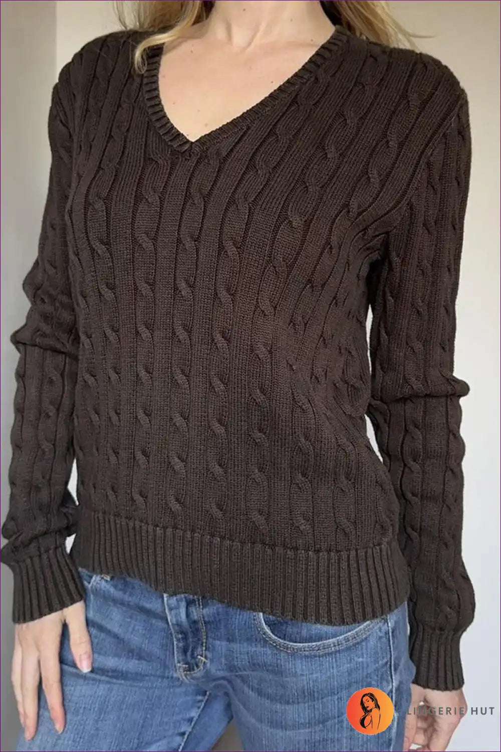 Cable Knit Jumper with V-neck - Classic Comfort for All Season, Autumn, Casual, Cotton, Everyday
