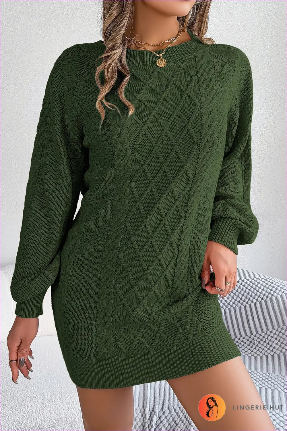 Cable Knit Sweater Mini Dress - Relaxed Everyday Charm - s / Army Green - Dresses - Clothing • Modest - Lingerie Hut