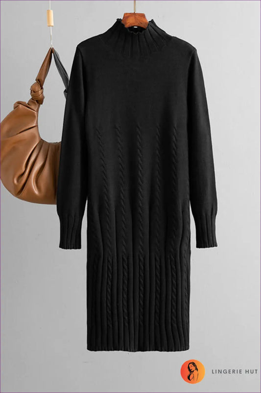Cable Knit Midi Sweater Dress - Understated Cosy Elegance - one Size / Black - Dresses - Lingerie Hut - All Season