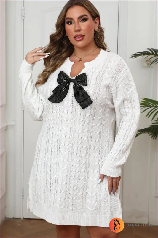 Cable Knit Sweater Dress - Cosy Confidence for Cooler Days - 2xl / White and Black Bow - Dresses - Casual • Clothing