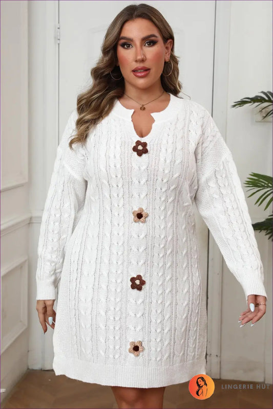 Cable Knit Sweater Mini Dress - Effortless Cosy Style - 2xl / White Coffee 2 Apricot Small Flowers - Dresses - Autumn
