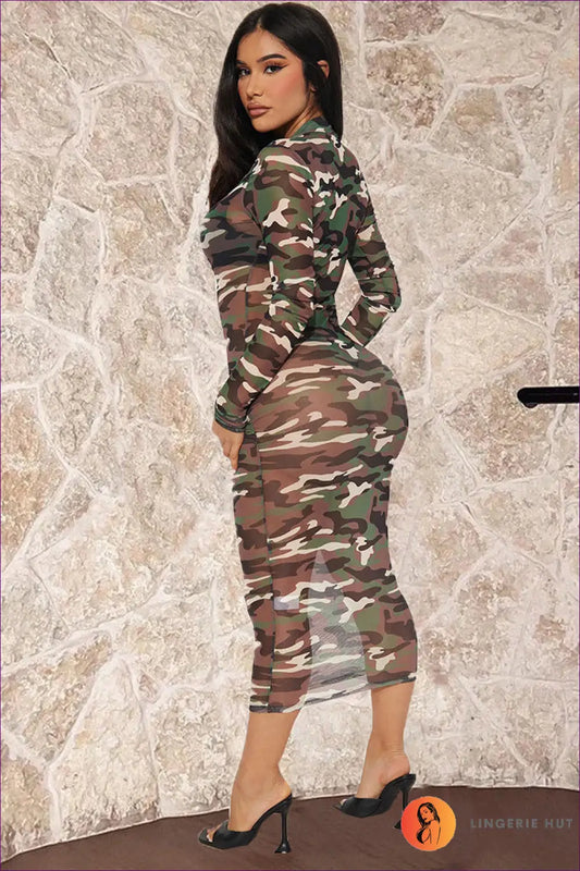 Camo Mesh Bodycon Maxi Dress - Night out Confidence - Dresses - Lingerie Hut - All Season • Animal • Clubwear • Cutout