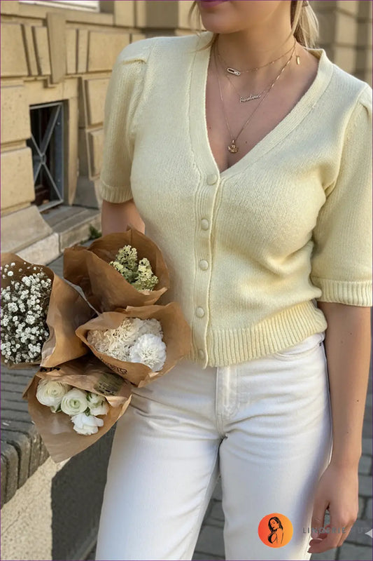 Cardigan with Puff Sleeves - Romantic Statement - s / Yellow - Top - Lingerie Hut - All Season • Boho • Casual • Cotton