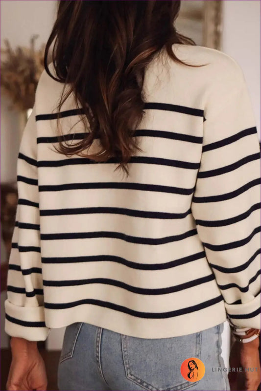 Striped Knit Cardigan Sweater - Effortless Parisian Edit - Lingerie Hut - All Season • Autumn • Casual • Cotton