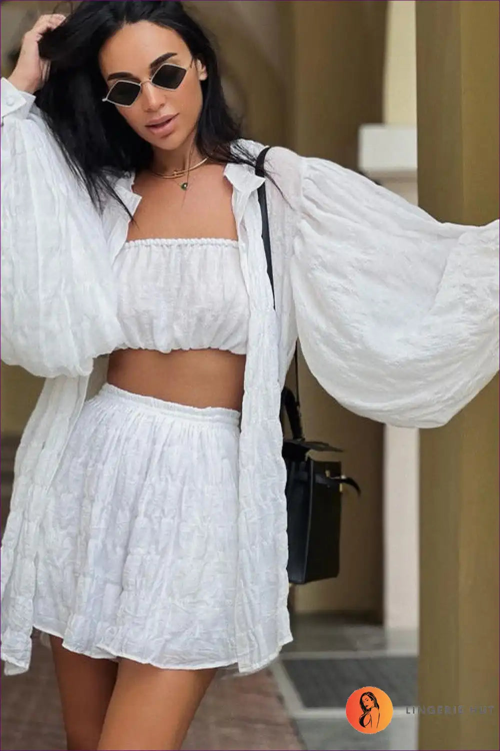 Elevate Your Style Effortlessly With This Chic Three-piece Set! Combine The White Shirt And High Waist Shorts