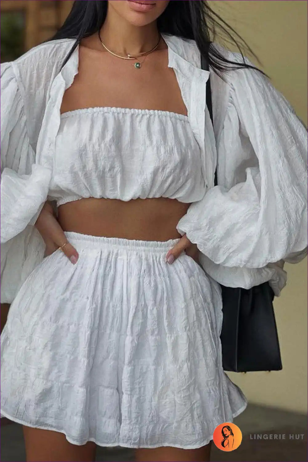 Elevate Your Style Effortlessly With This Chic Three-piece Set! Combine The White Shirt And High Waist Shorts