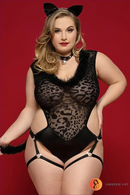 Cat Costume Bodysuit with Faux Fur and Straps - Cosy Playtime - Lingerie Hut - Animal • Cutout • Halloween