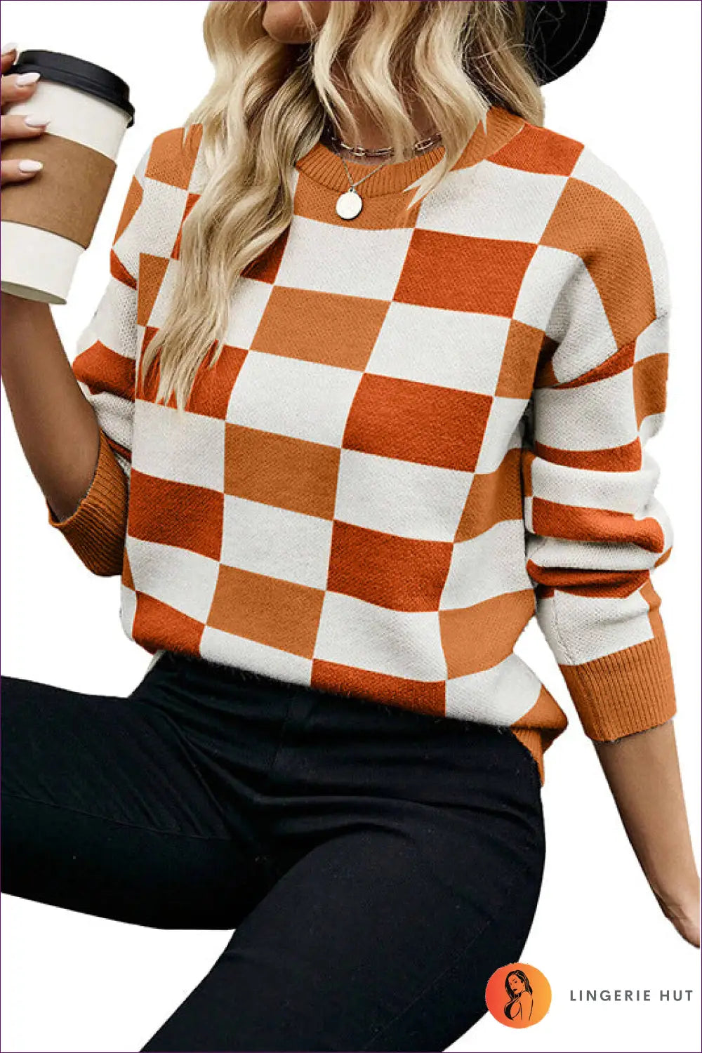 Checkered Crewneck Jumper - Effortless Everyday Style - s / Orange - Sweaters - Lingerie Hut - All Season • Autumn