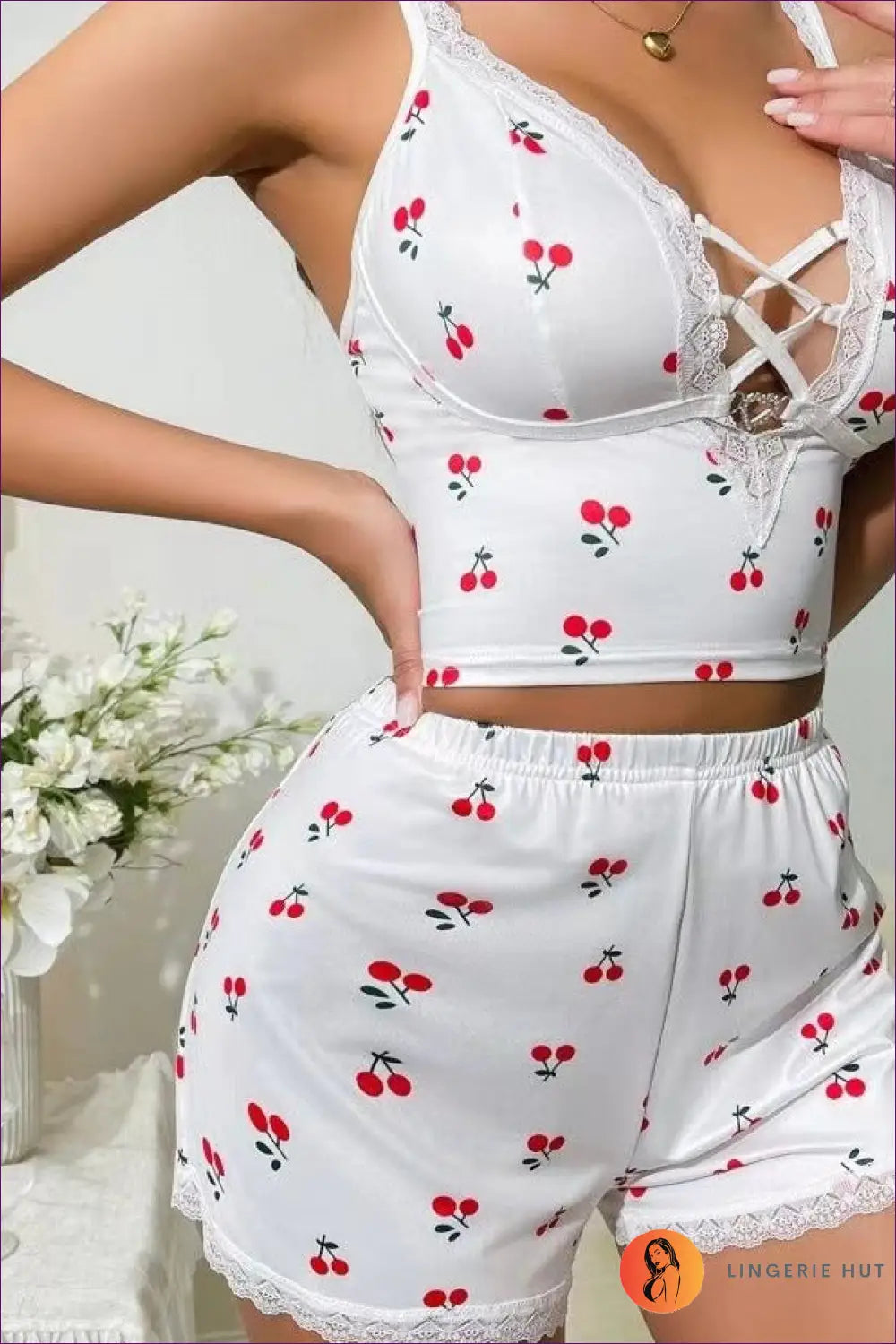 Cherry Print Pyjama Set - Sweet Dreams Effortless Style - Sleepwear & Loungewear - Lingerie Hut - Casual • Crop