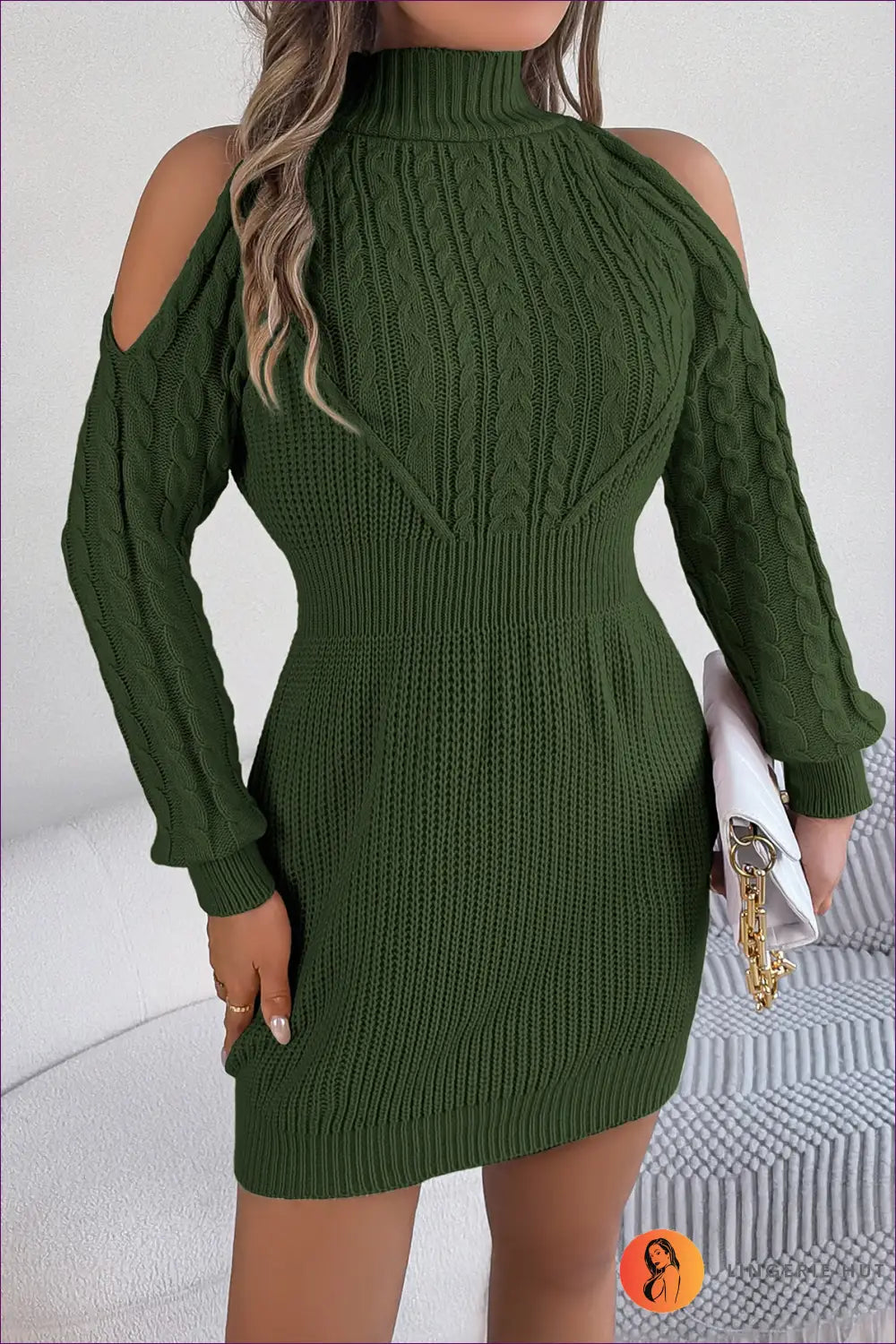 Cold-shoulder Sweater Mini Dress - Effortless Autumn Glam - s / Army Green - Dresses - Lingerie Hut - A-line • Autumn