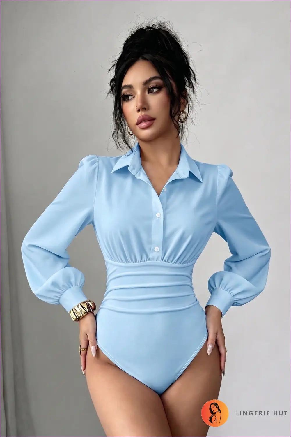 Collared Bodysuit with Puff Sleeve Detail - Office Chic - s / Skyblue - Tops - Everyday • just in • Polyester • Top