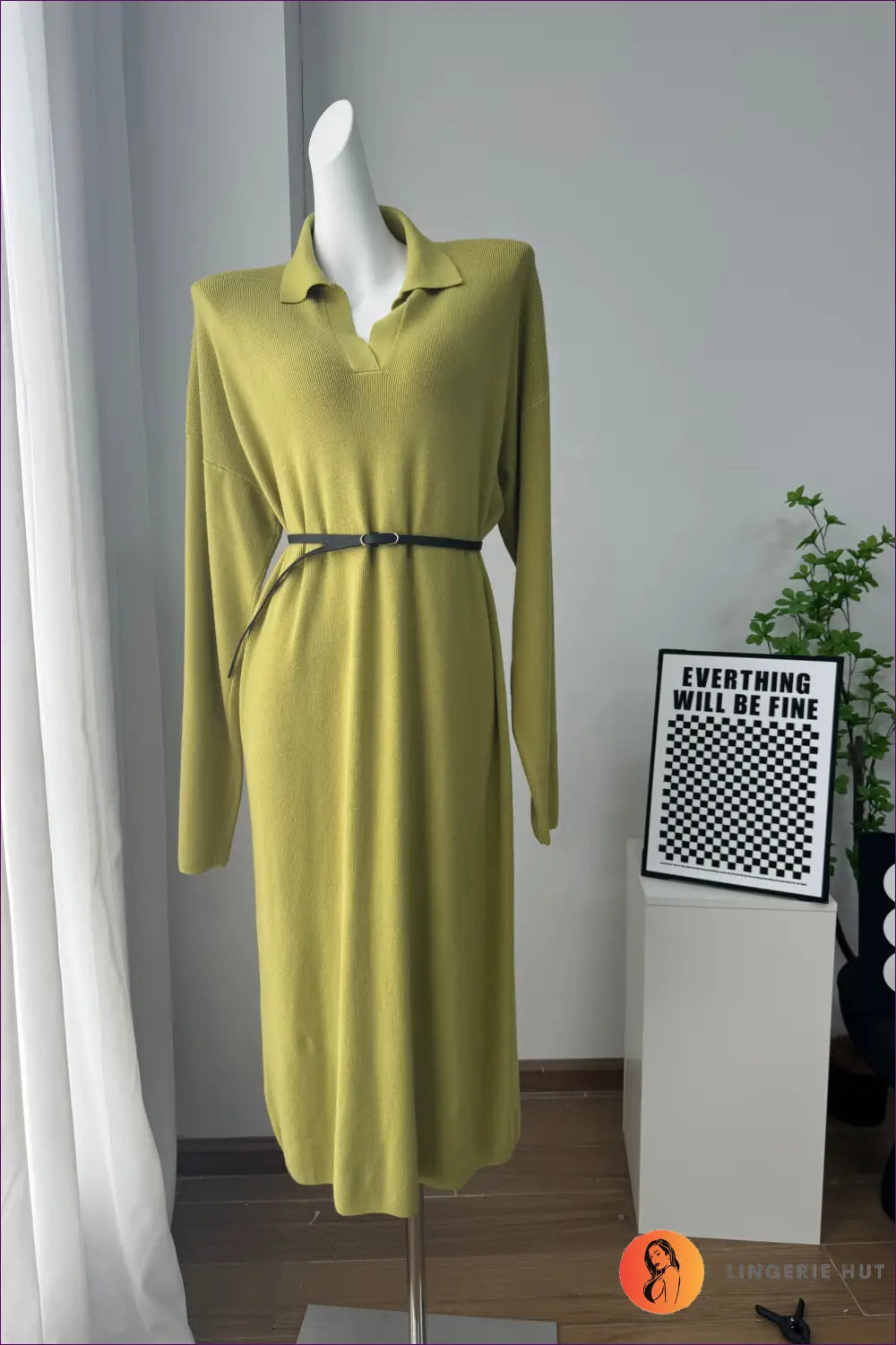 Collared Knit Maxi Dress with Relaxed Fit - Effortless Autumn - s / Green Belt - Dresses - Autumn • Casual • Clothing