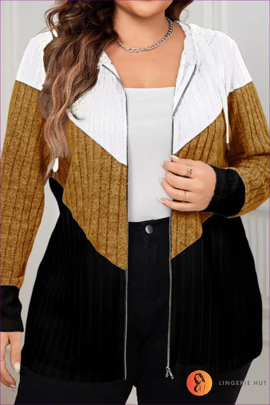 Color-block Zip-up Jacket ?? Trendy Plus-size Casual Layer for Autumn, Casual, Everyday, Glamour,