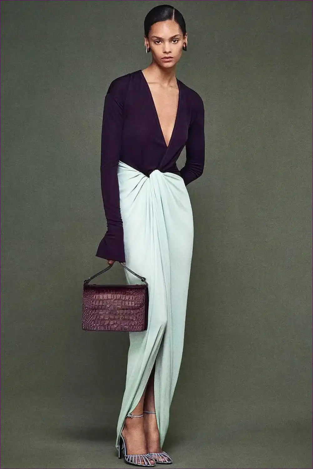 Colour Block Maxi Dress with Twist Detail - Elegant for Autumn, Dresses, Evening Wear, Formal