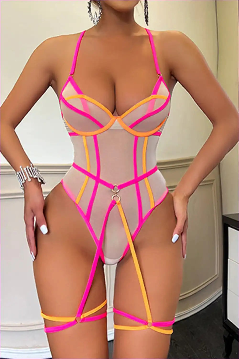 Embrace Bold Beauty With Our Contrast Charm Mesh Bodysuit! Sexy, Backless, And Designed To Shape Showcase.