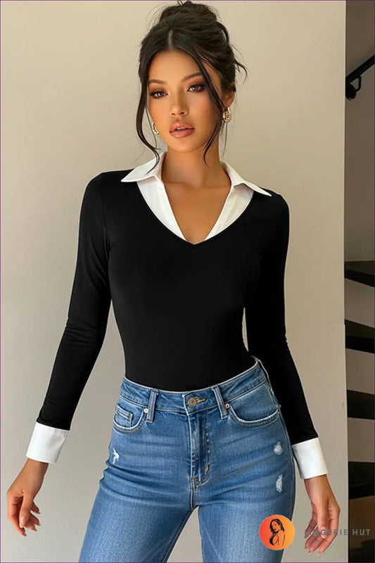 Contrast Collar Bodysuit with Long Sleeves - Chic Power Layer - s / Black - Lingerie Hut - All Season • Bodycon