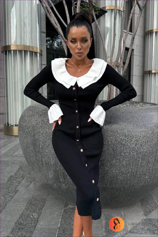 Contrast Collar Midi Sweater Dress - Understated Glamour - s / Black - Dresses - Lingerie Hut - Autumn • Bodycon