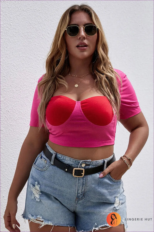 Contrast Panel Crop Top - the Detail that Gets Noticed - 2xl / Coral Red - Lingerie Hut - All Season • Casual • Cutout