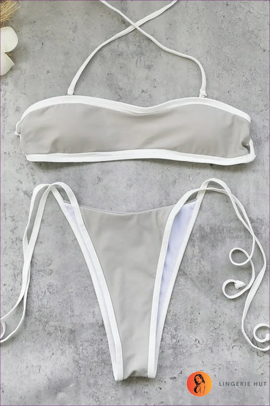 Contrast-piped Bandeau Bikini with Tie Side - Sandbar Line - s / Multi1 - Swimwear - Beachwear • Casual • High Leg