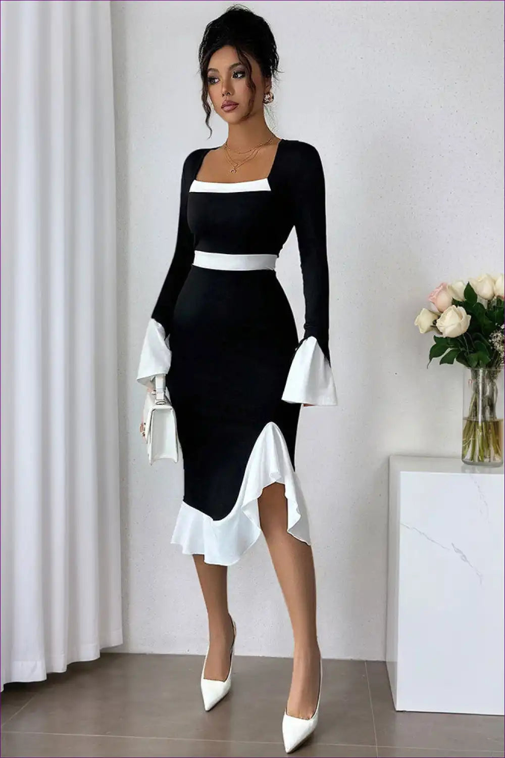 Contrast Trim Midi Dress with Flared Sleeves - Work Events for Autumn, Dresses, Everyday, Formal Wear,