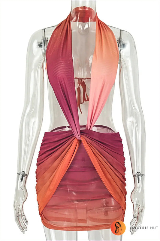 Coral Ombre Halter Mini Dress - Ruched Bodycon - s / Orange Color - Backless • Boho • Kinci