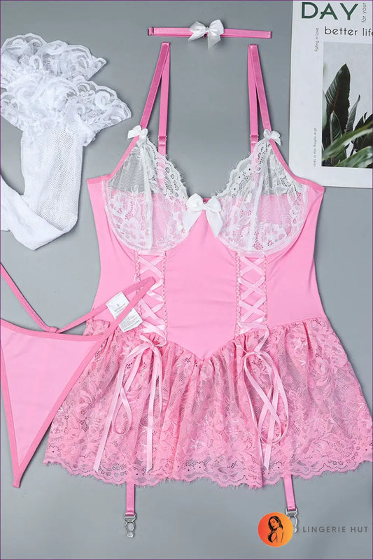 Corset Lingerie Set with Lace Skirt - Playful Romance Mood - s / Pink - Hut - Boudoir • Date Night • Everyday • Floral