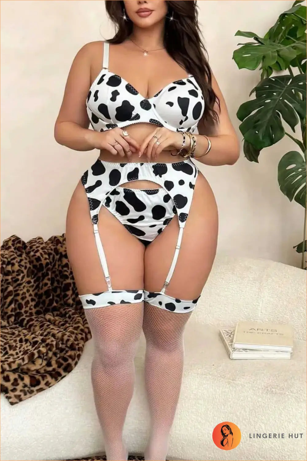 Cow Print Bralette Set with Garter Straps - Playful Confidence - Lingerie - just in • Hut