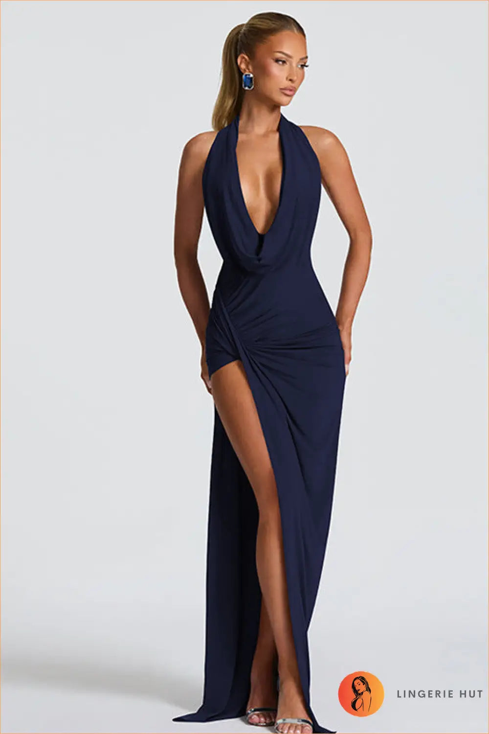 Cowl Neck Ruched Maxi Dress - Evening Glamour Effortless Mood - s / Purplish Blue - Dresses - Clothing • Night