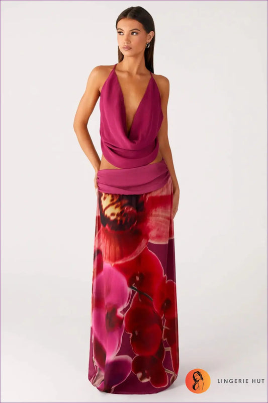 Cowl Plunge Maxi Dress - Summer Evenings Sorted - s / Multi - Dresses - Lingerie Hut - Chiffon • Cutout • Evening Wear